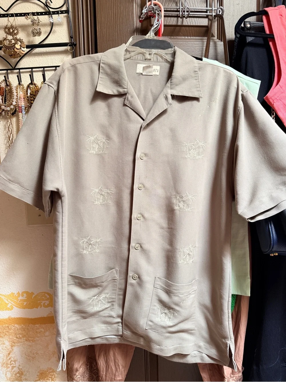 Cubavera Beige Short-Sleeve Camp Shirt with Embroidered Palm Motifs